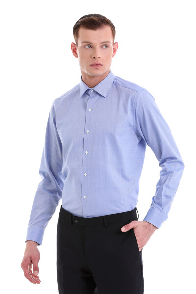 Mavi Klasik Fit Desenli %100 Pamuklu Slim Yaka Uzun Kollu Klasik Gömlek - Hatemoğlu