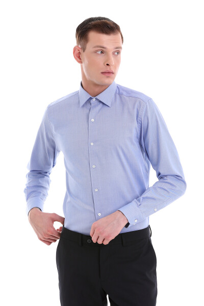 Mavi Klasik Fit Desenli %100 Pamuklu Slim Yaka Uzun Kollu Klasik Gömlek - 3