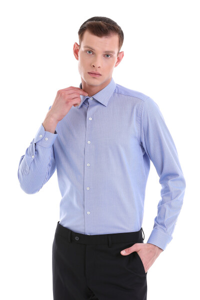 Mavi Klasik Fit Desenli %100 Pamuklu Slim Yaka Uzun Kollu Klasik Gömlek - 4