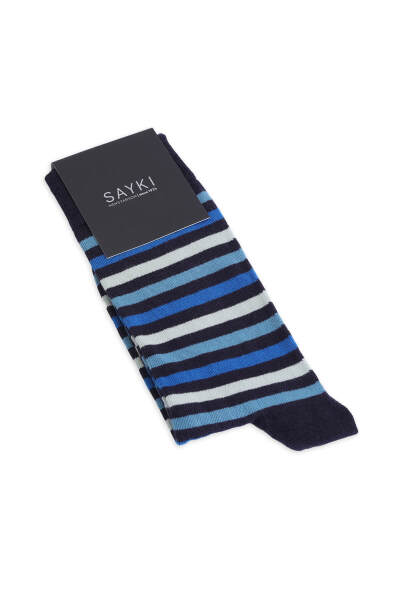 Mavi Pamuklu Çizgili Soket Çorap - 1