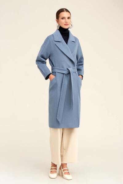 Saykı Woman Mavi Regular Fit Ceket Yaka Kaşe Yünlü Oversize Manto - 1