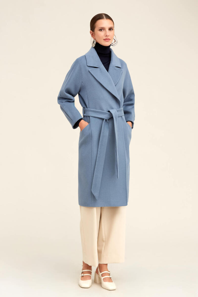 Saykı Woman Mavi Regular Fit Ceket Yaka Kaşe Yünlü Oversize Manto - Saykı Woman
