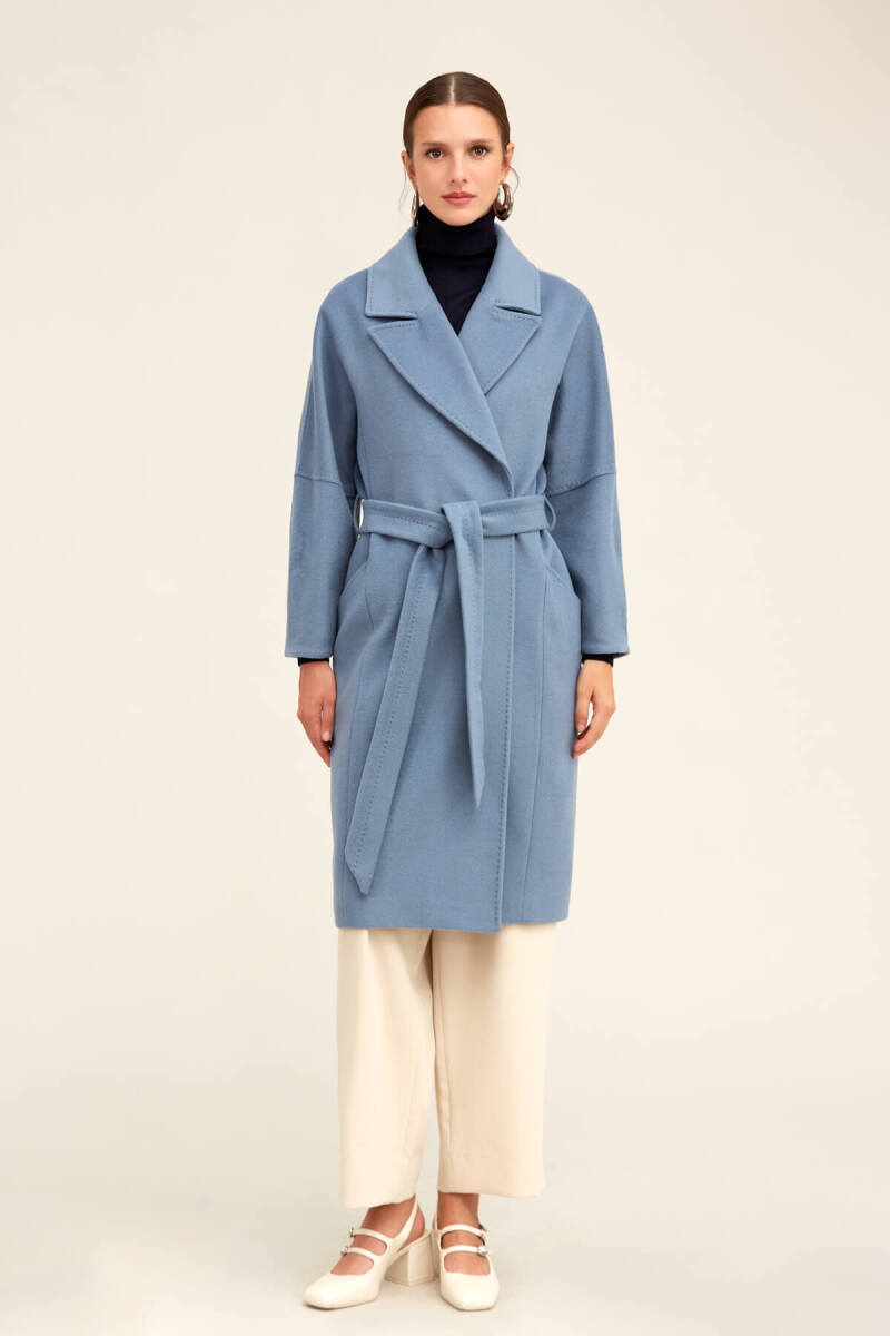 Saykı Woman Mavi Regular Fit Ceket Yaka Kaşe Yünlü Oversize Manto - Saykı Woman (1)