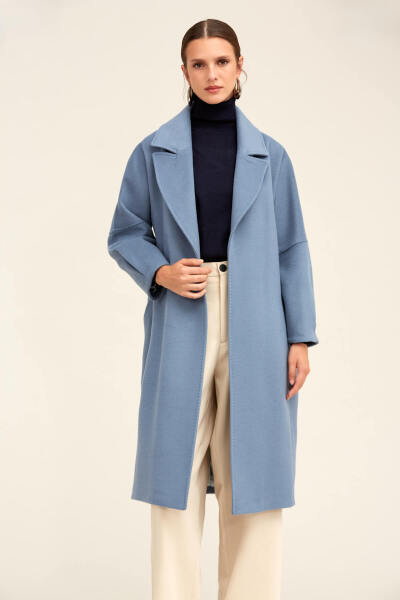 Saykı Woman Mavi Regular Fit Ceket Yaka Kaşe Yünlü Oversize Manto - 3