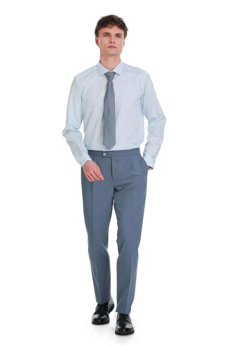 Mavi Slim Fit 100% Pamuk Açık İtalyan Yaka Uzun Kollu Saten Gömlek - Saykı (1)