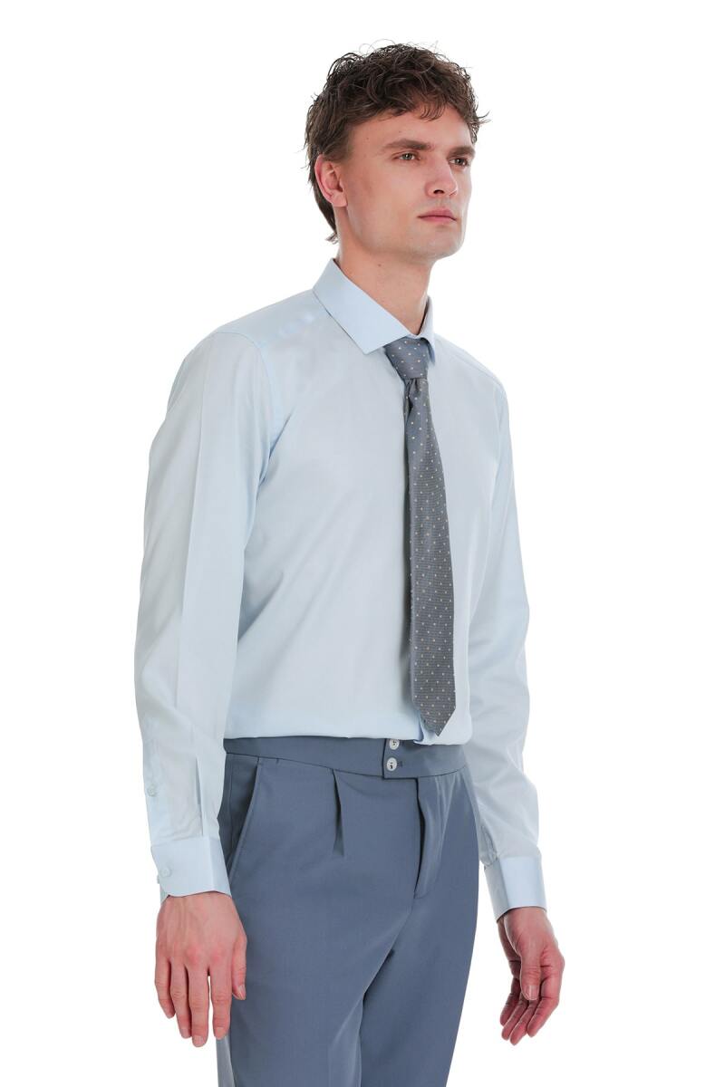 Mavi Slim Fit 100% Pamuk Açık İtalyan Yaka Uzun Kollu Saten Gömlek - Saykı (1)