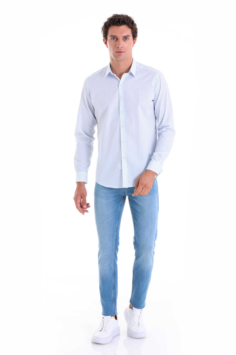 Mavi Slim Fit Baskılı 100% Pamuk Slim Yaka Uzun Kollu Casual Gömlek - Hatem Saykı (1)