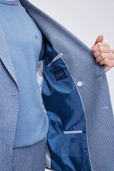 Mavi Slim Fit Çizgili Kruvaze Klasik Takım Elbise - 6