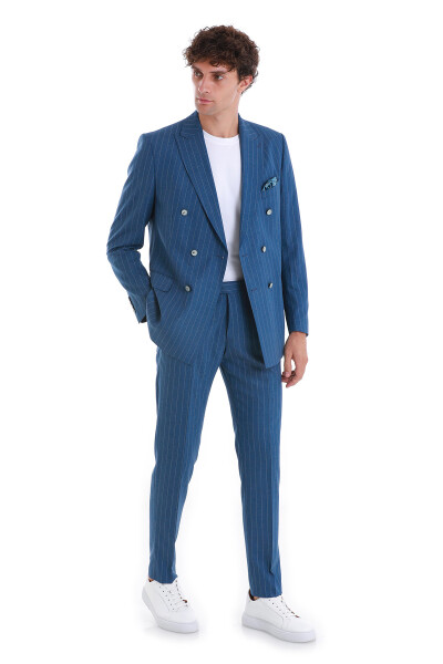 Mavi Slim Fit Çizgili Kruvaze Takım Elbise - 3