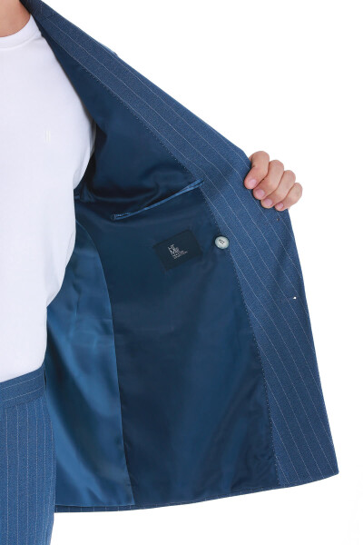 Mavi Slim Fit Çizgili Kruvaze Takım Elbise - 7