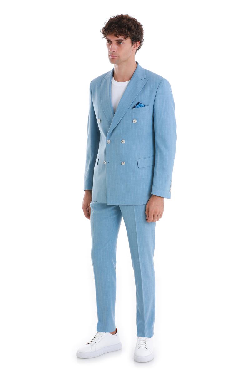 Mavi Slim Fit Çizgili Kruvaze Takım Elbise - HTML