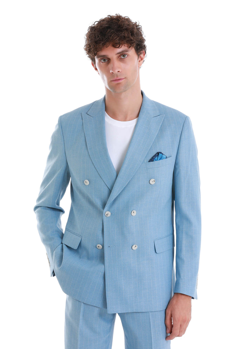 Mavi Slim Fit Çizgili Kruvaze Takım Elbise - HTML (1)