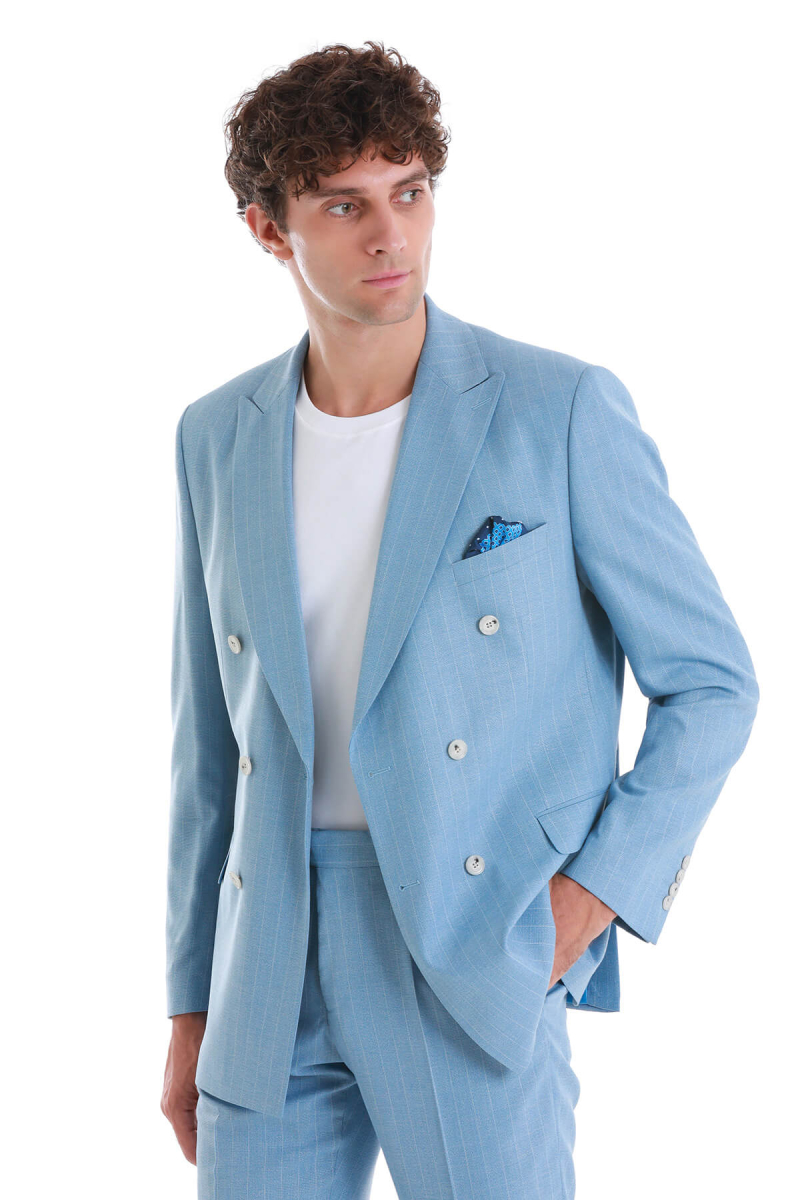 Mavi Slim Fit Çizgili Kruvaze Takım Elbise - HTML (1)