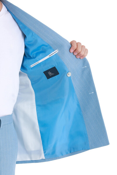 Mavi Slim Fit Çizgili Kruvaze Takım Elbise - 7