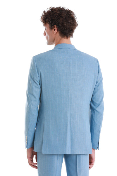 Mavi Slim Fit Çizgili Kruvaze Takım Elbise - 8