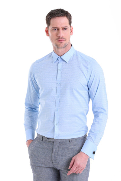 Mavi Slim Fit Desenli 100% Pamuk Slim Yaka Manşetli Uzun Kol Klasik Gömlek - 2