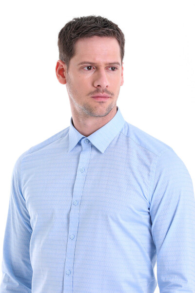 Mavi Slim Fit Desenli 100% Pamuk Slim Yaka Manşetli Uzun Kol Klasik Gömlek - 4