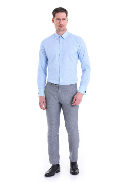 Mavi Slim Fit Desenli 100% Pamuk Slim Yaka Manşetli Uzun Kol Klasik Gömlek - 5