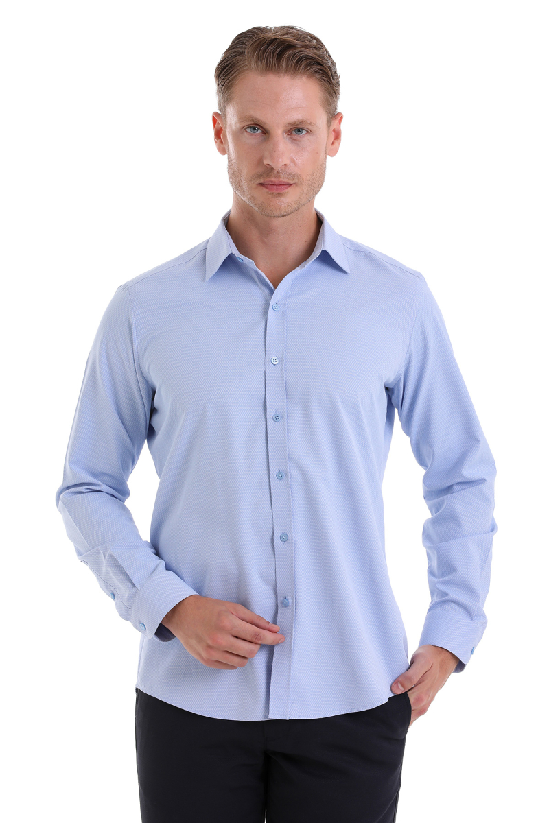 Mavi Slim Fit Desenli Pamuklu Slim Yaka Uzun Kollu Spor Gömlek - Hatemoğlu
