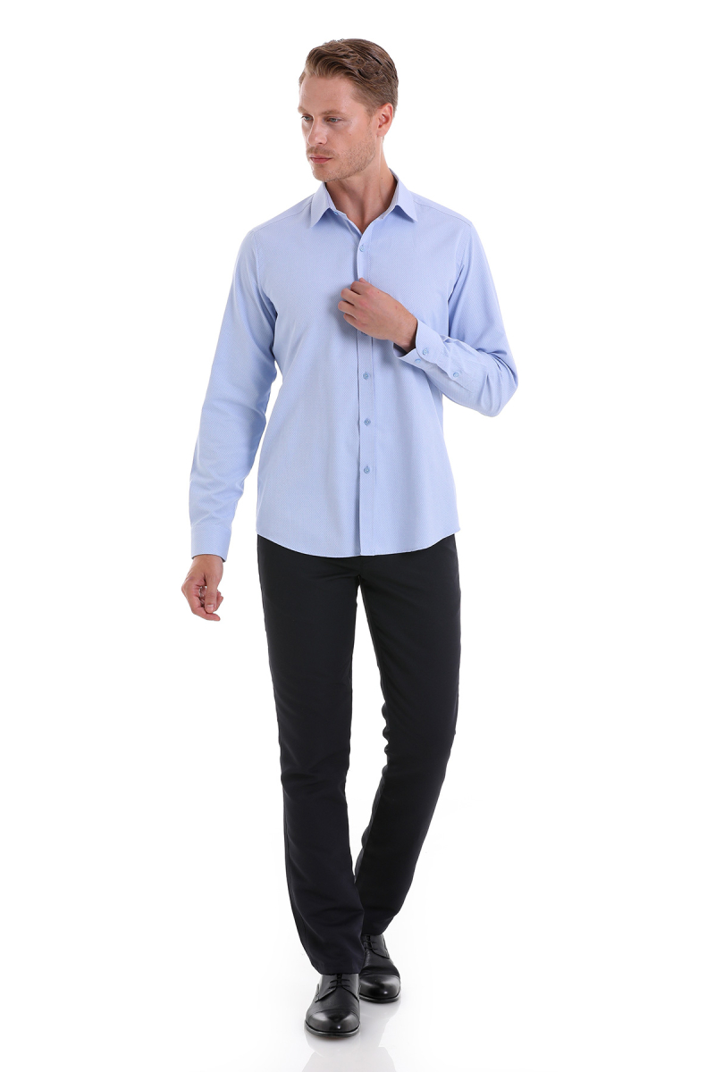 Mavi Slim Fit Desenli Pamuklu Slim Yaka Uzun Kollu Spor Gömlek - Hatemoğlu (1)