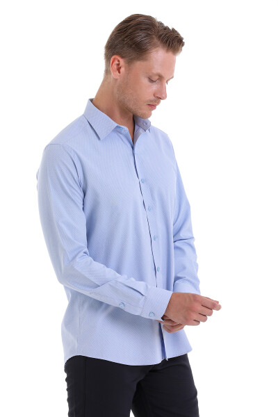 Mavi Slim Fit Desenli Pamuklu Slim Yaka Uzun Kollu Spor Gömlek - 3