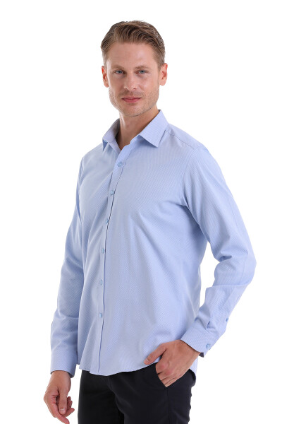 Mavi Slim Fit Desenli Pamuklu Slim Yaka Uzun Kollu Spor Gömlek - 5