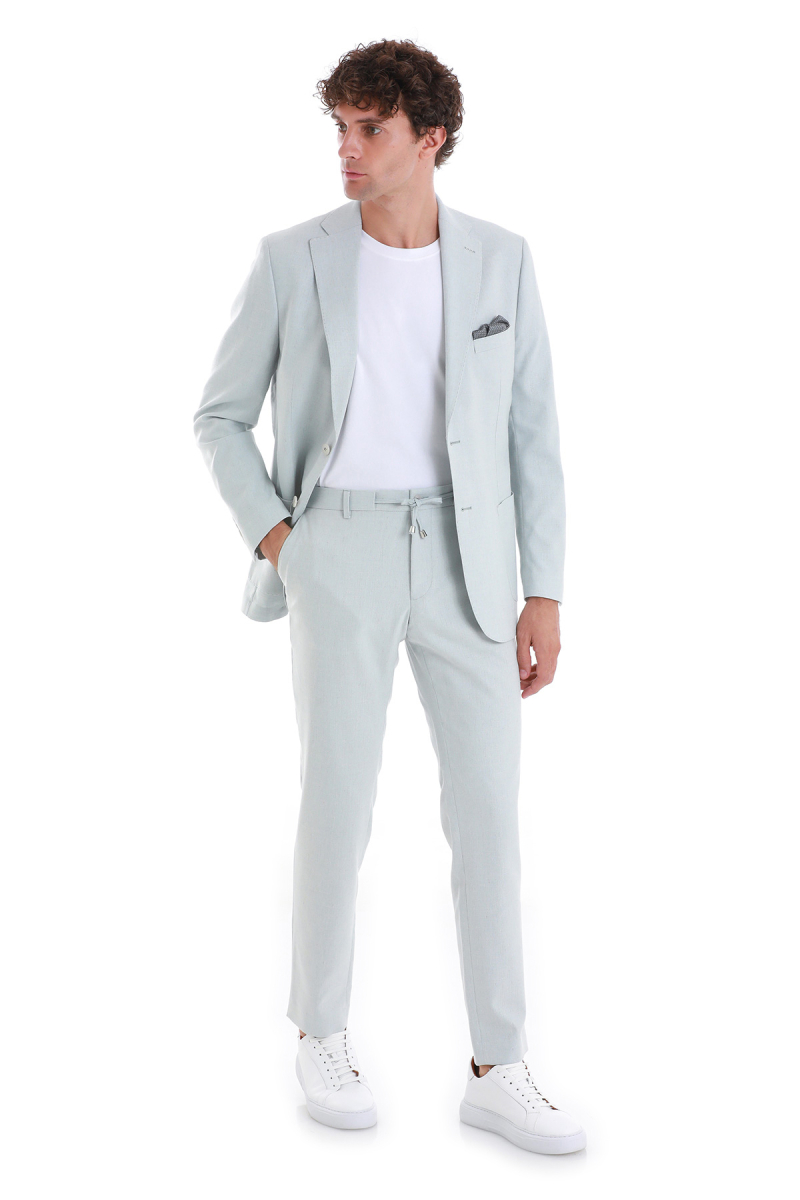 Mavi Slim Fit Mono Yaka Keten Takım Elbise - Hatem Saykı