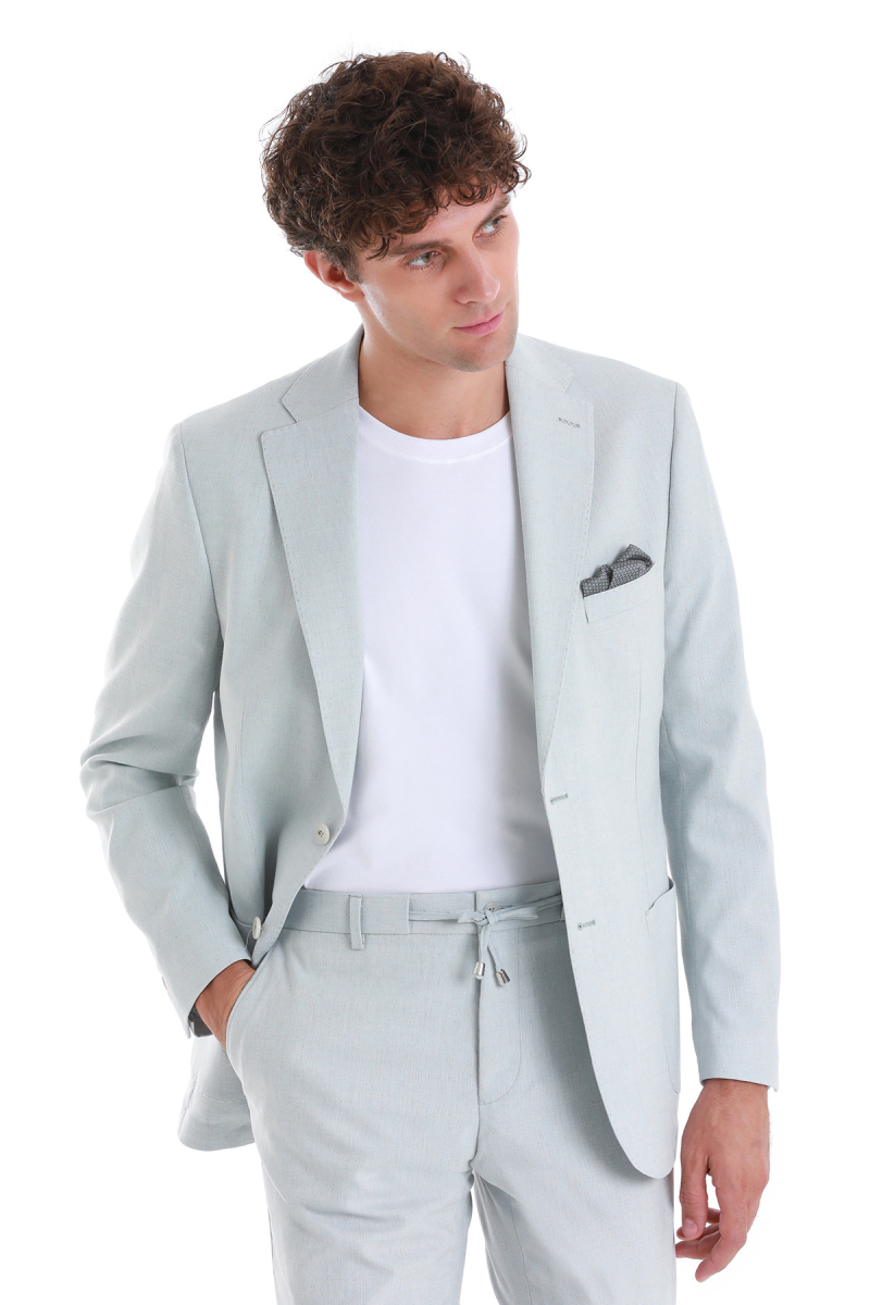 Mavi Slim Fit Mono Yaka Keten Takım Elbise - Hatem Saykı (1)