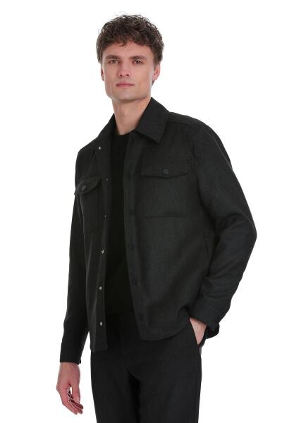 Siyah Slim Fit Mono Yaka Casual Overshirt Takım - 2