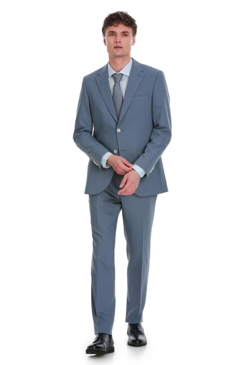 Mavi Slim Fit Mono Yaka Klasik Takım Elbise - Hatemoğlu