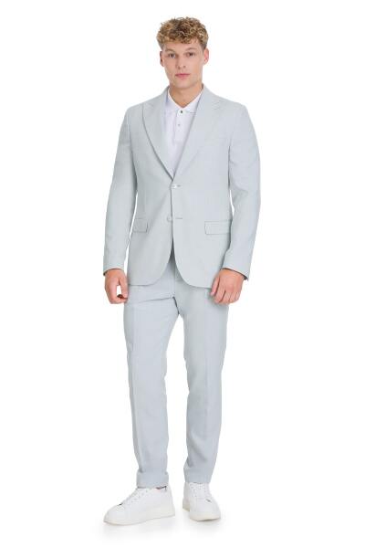 Mavi Slim Fit Sivri Yaka Keten Takım Elbise - 1