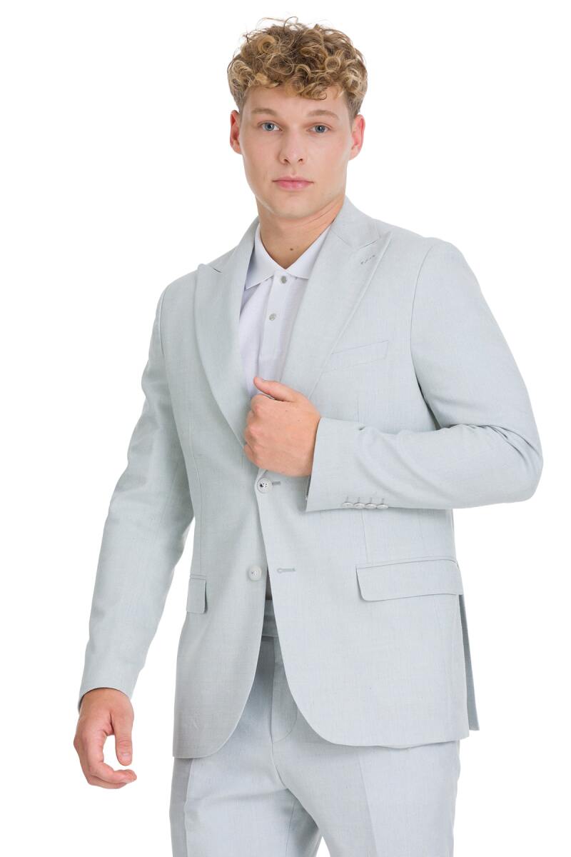 Mavi Slim Fit Sivri Yaka Keten Takım Elbise - Saykı (1)