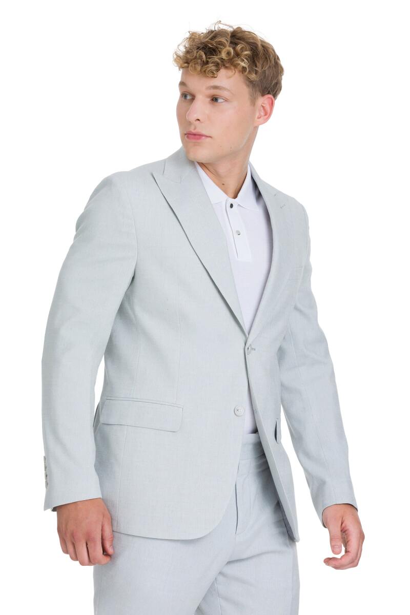 Mavi Slim Fit Sivri Yaka Keten Takım Elbise - Saykı (1)