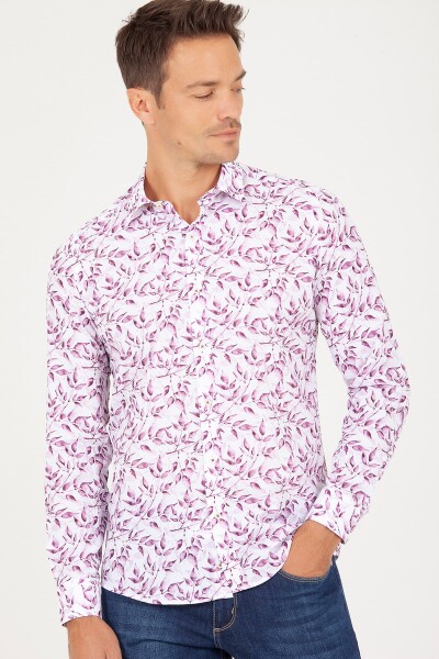 Mor Slim Fit Baskılı 100% Pamuk Uzun Kol Spor Gömlek - 2