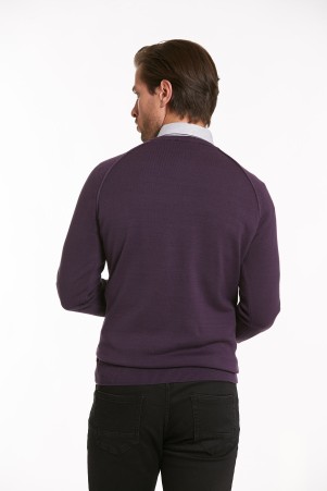 Mor Slim Fit Desenli Pamuklu Bisiklet Yaka Triko Kazak - 7