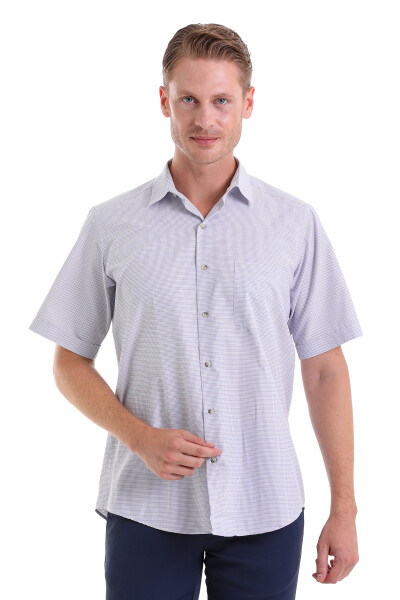 Mor Klasik Fit Kareli Pamuklu Slim Yaka Kısa Kollu Klasik Gömlek - 1