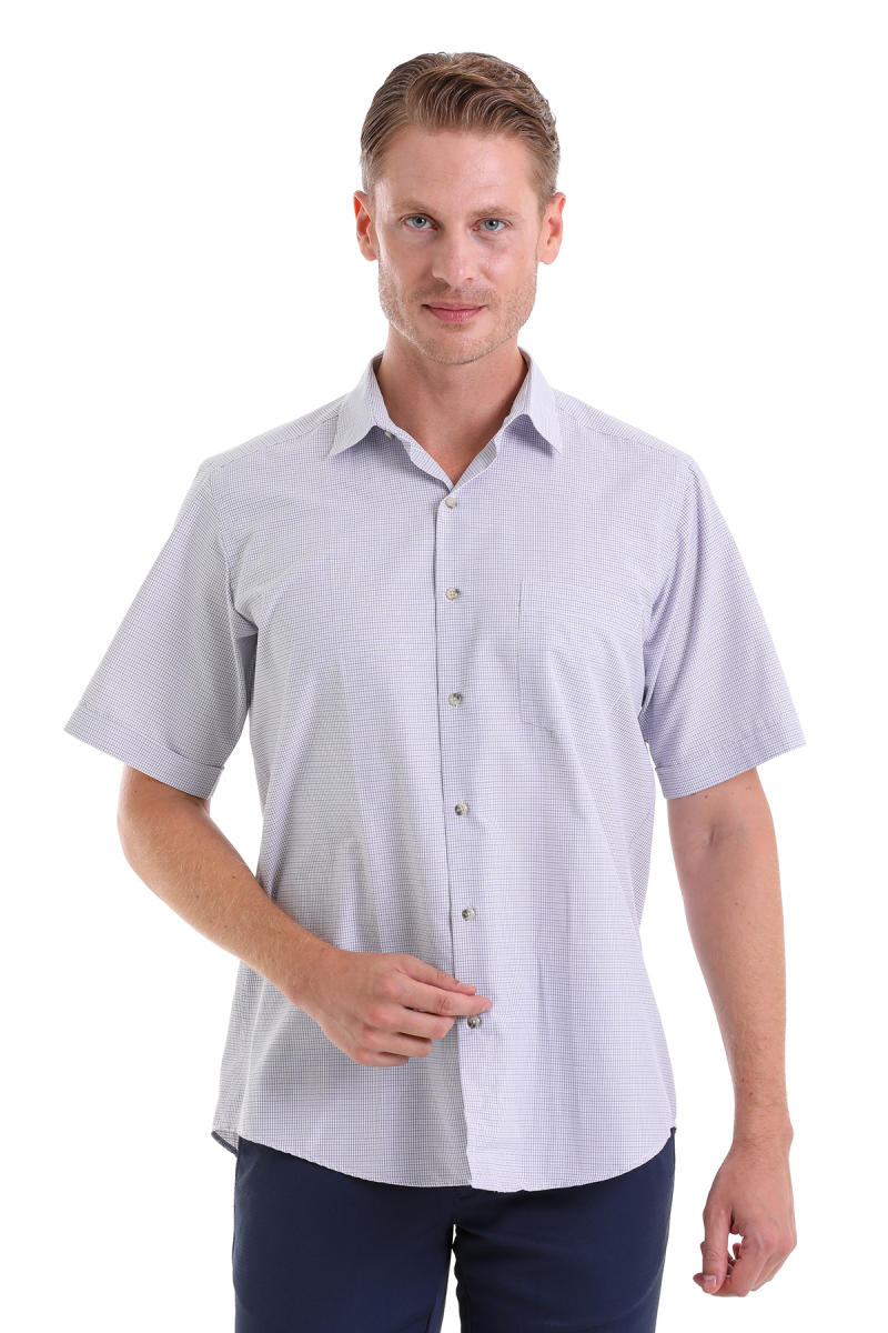 Mor Klasik Fit Kareli Pamuklu Slim Yaka Kısa Kollu Klasik Gömlek - Hatemoğlu