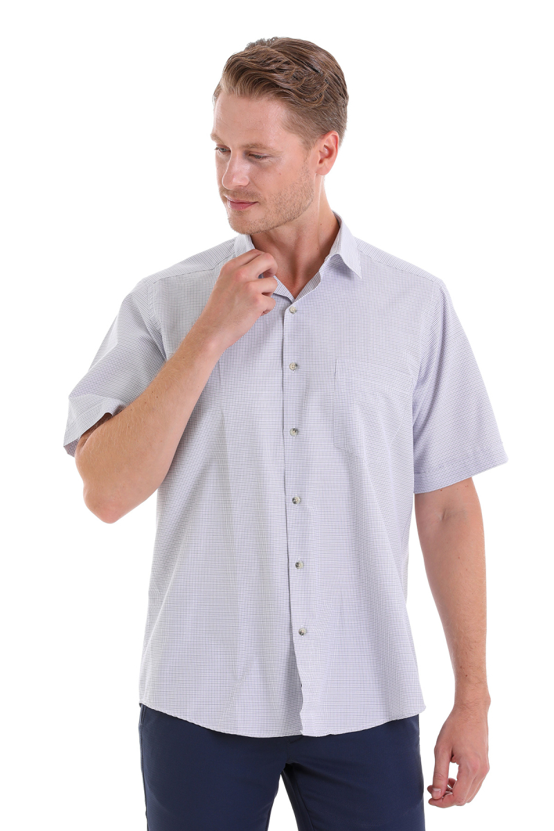 Mor Klasik Fit Kareli Pamuklu Slim Yaka Kısa Kollu Klasik Gömlek - Hatemoğlu (1)