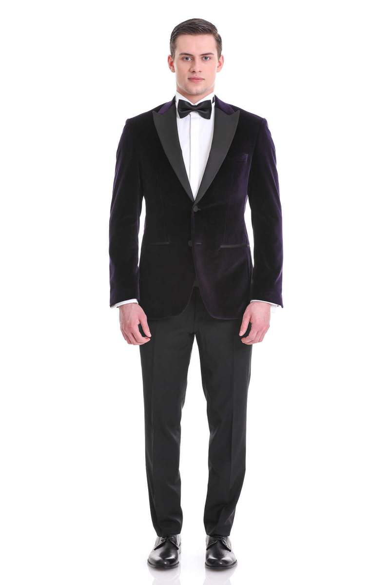 Mor Slim Fit Sivri Yaka Kadife Klasik Smokin Damatlık - Hatem Saykı