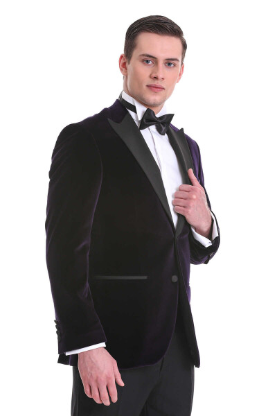 Mor Slim Fit Sivri Yaka Kadife Klasik Smokin Damatlık - 2