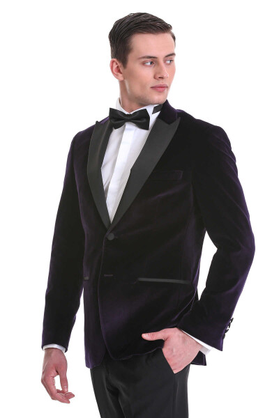 Mor Slim Fit Sivri Yaka Kadife Klasik Smokin Damatlık - 3