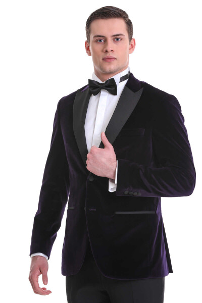 Mor Slim Fit Sivri Yaka Kadife Klasik Smokin Damatlık - 4