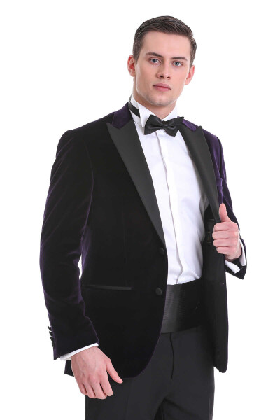 Mor Slim Fit Sivri Yaka Kadife Klasik Smokin Damatlık - 5