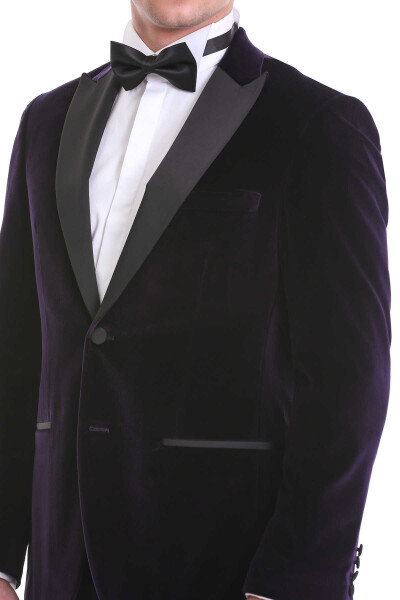 Mor Slim Fit Sivri Yaka Kadife Klasik Smokin Damatlık - 6