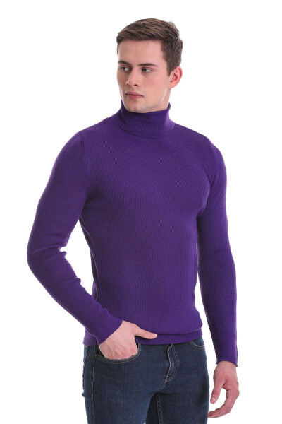 Mor Slim Fit Fitilli Balıkçı Yaka Yünlü Triko Kazak - 2