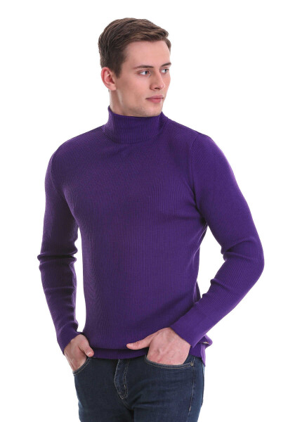 Mor Slim Fit Fitilli Balıkçı Yaka Yünlü Triko Kazak - 3