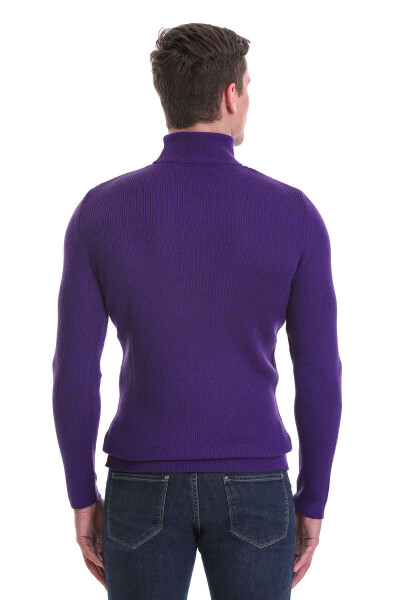 Mor Slim Fit Fitilli Balıkçı Yaka Yünlü Triko Kazak - 5
