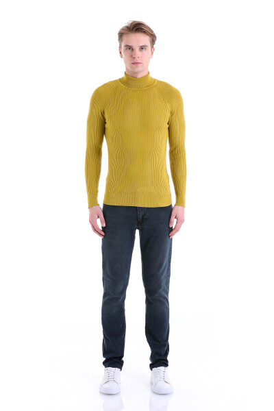 Yeşil Slim Fit Desenli Balıkçı Yaka Triko Kazak - 4