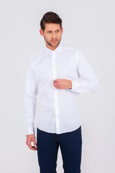 Beyaz Slim Fit Baskılı 100% Pamuk Uzun Kol Saten Gömlek 