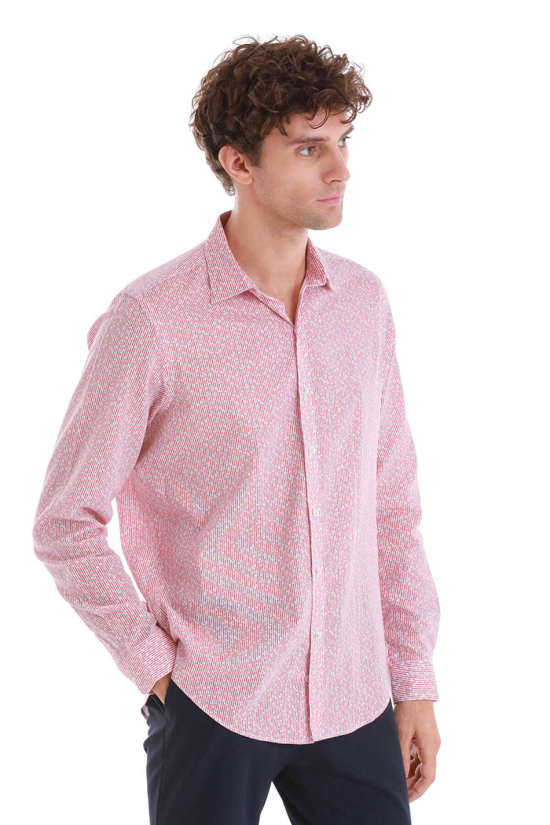 Pembe Comfort Fit Baskılı Slim Yaka Uzun Kollu Spor Gömlek - Hatem Saykı